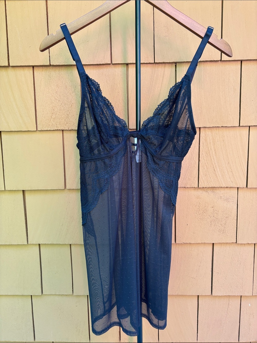 AUDEN INTIMATES | Black Sheer Lace Polka Dot Baby Doll Slip Dress | Size L